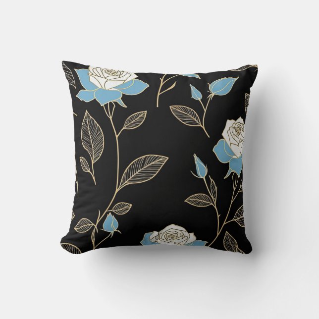 Coussin Roses bleues et blanches avec garniture or (Recto)
