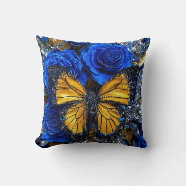 Coussin Roses bleues et papillon (Recto)
