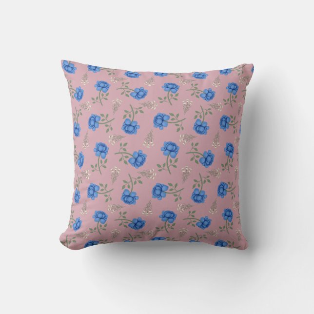 Coussin Roses bleues sur calicot rose géant (Recto)