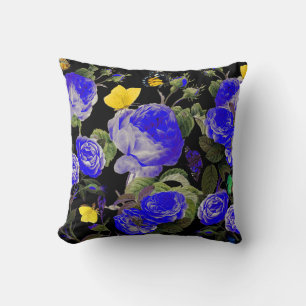 Coussin ROSES BLEUS ET BOUTEILLES JAUNES Noirs
