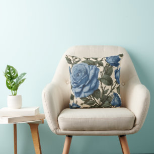Coussin Roses Bleus Et Feuilles Verts,