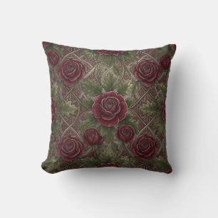 Coussin Roses bordeaux rouge profond sur treillis orné ver