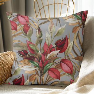 Coussin Roses Botaniques vintages Et Palm Feuille Gris