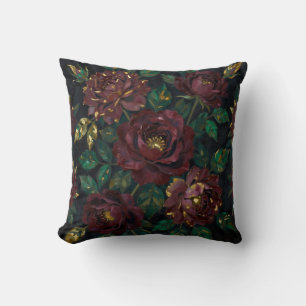 Coussin Roses Bourguignonnes de Luxe Feuilles d'Or Floral