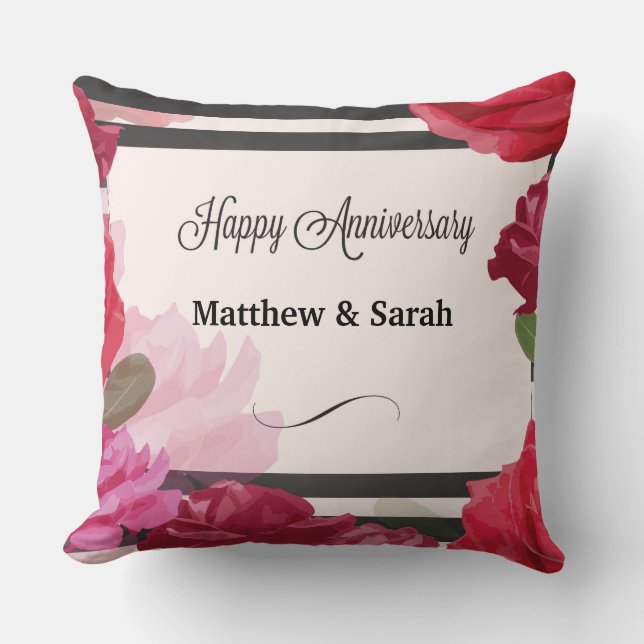 Coussin Roses d'anniversaire de mariage, rayures, noms per (Recto)