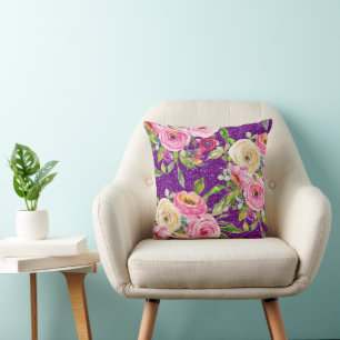 Coussin Roses d'aquarelle en Parties scintillant rose et c