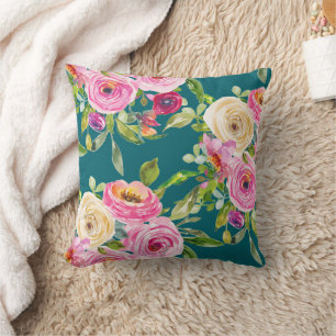 Coussin Roses d'aquarelle en rose et crème sur Turquoise