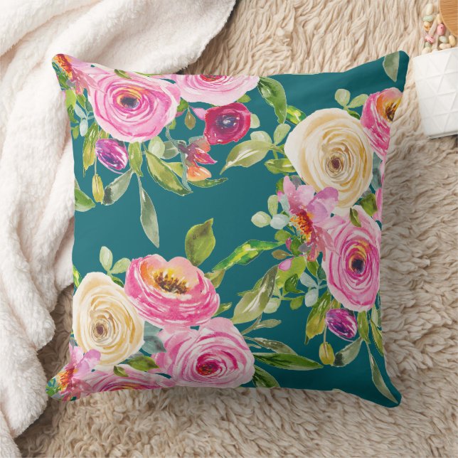 Coussin Roses d'aquarelle en rose et crème sur Turquoise (Couverture)