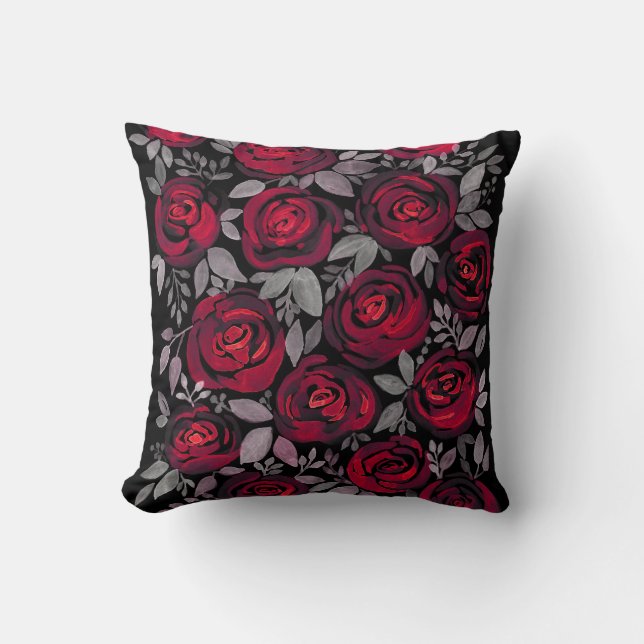 Coussin Roses d'aquarelle, roses rouges sur noir (Recto)
