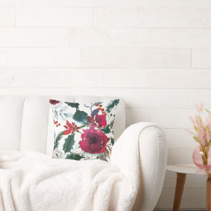 Coussin Roses de Bourgogne, pin, Holly Christmas Floral