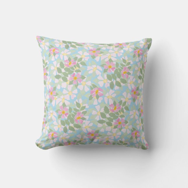 Coussin Roses de chien rose et blanc sur Sky Blue (Recto)