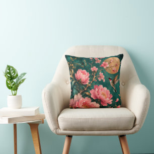 COUSSIN ROSES DE JARDIN ÉMERAUDE DORÉ COLIBRI