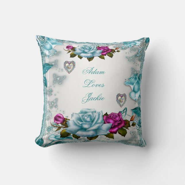 Coussin Roses de la Saint-Valentin Blanche Bleue Sarcelle  (Recto)