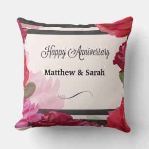 Coussin Roses de l'anniversaire du mariage, bandes, noms p