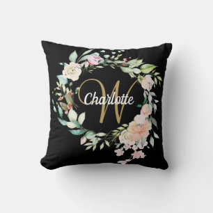 Coussin Roses de monogramme en écriture dorée Floral Noir