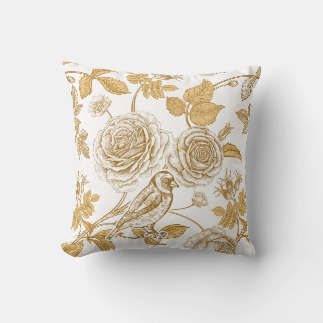 Coussin Roses dorés, fleurs, feuilles et baies de chien (Recto)