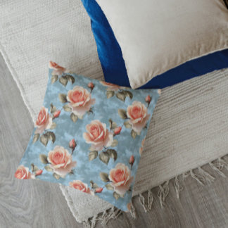 Coussin Roses élégantes couleur pêche sur fond bleu