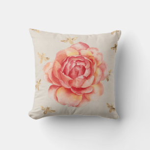 Coussin Roses en blanc avec des Abeilles d'or Arrière - pl