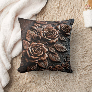 Coussin Roses en bronze élégantes sur cuir intricé