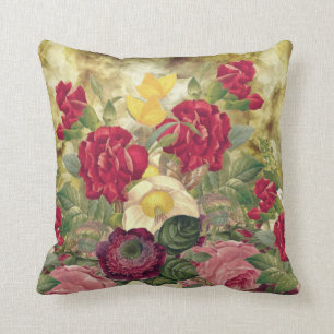 Coussin Roses en fleurs classiques Rouge, Jaune, Bourgogne