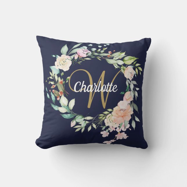 Coussin Roses en monogramme à l'écriture dorée sur fond bl (Recto)