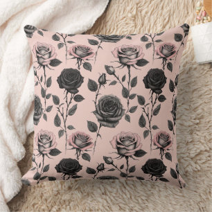 Coussin Roses esquissées à la main en noir sur un fond ros