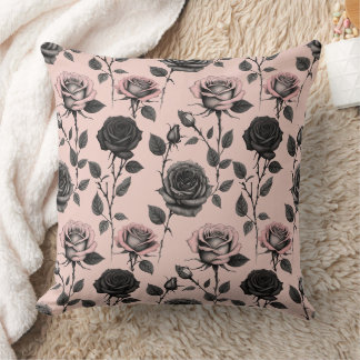 Coussin Roses esquissées à la main en noir sur un fond ros