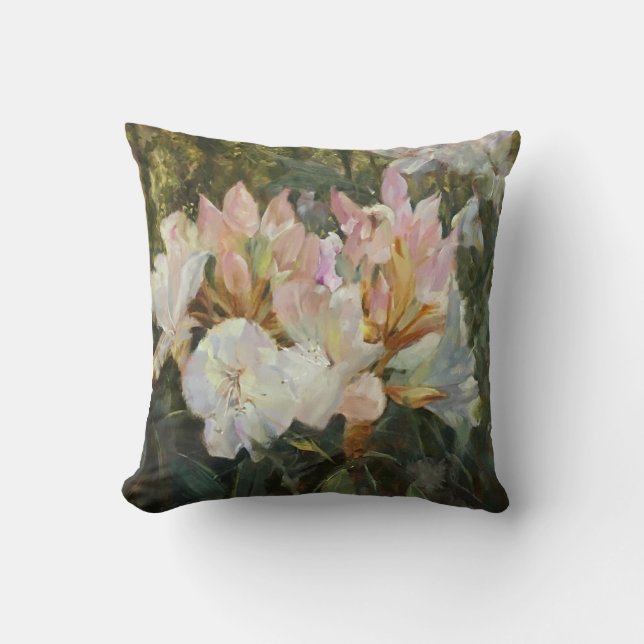 Coussin Roses et blancs Rhododendrons Roses et Bleus vert  (Recto)