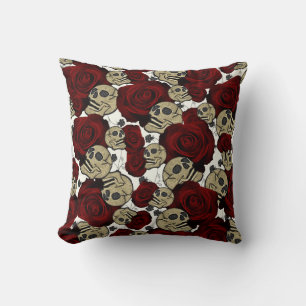Coussin Roses et crânes rouges Noir Floral Blanc gothique