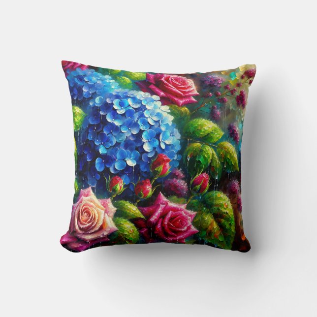 Coussin "Roses et hydrangeas en pluie - Art Floral vibrant (Recto)
