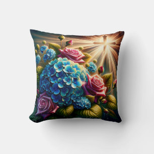 Coussin "Roses et hydrangées avec Croix - Art spirituel"