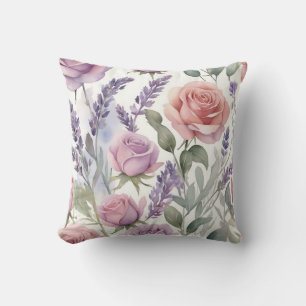 Coussin Roses et Lavande Aquarelles Rêveuses