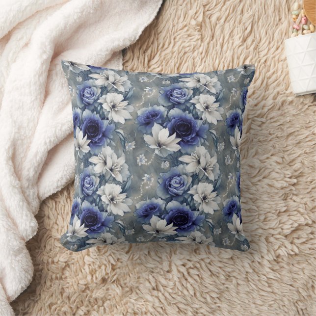 Coussin Roses et Lys Bleus et Blancs élégants (Couverture)