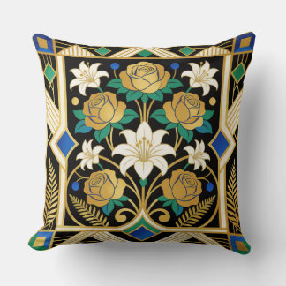 Coussin Roses et Lys dorés Art Déco élégants Noir