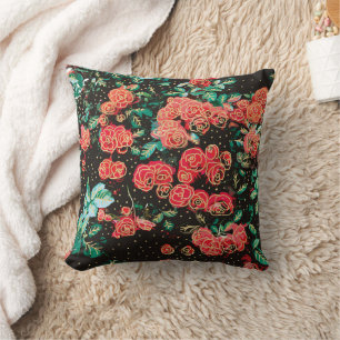 Coussin Roses Fleurs Rouges Sombres Rétro à Motif à Points