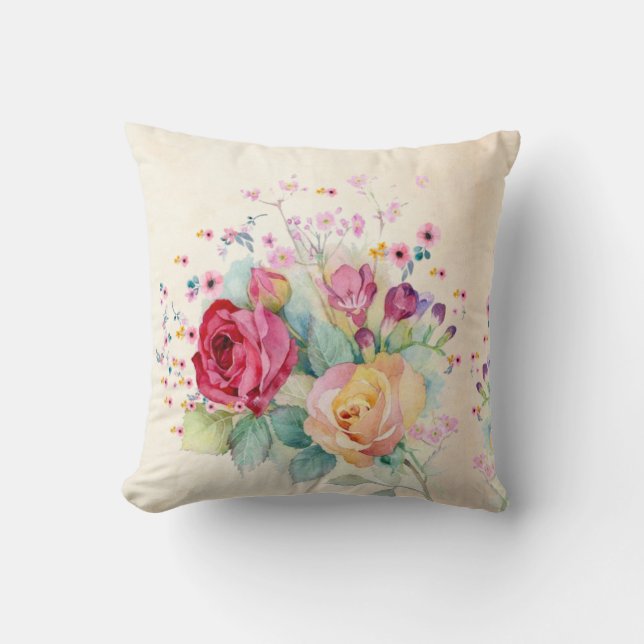 Coussin Roses fleurs sur Ecru  (Recto)