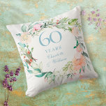 Coussin Roses Florales 60e Anniversaire de Mariage de Diam<br><div class="desc">Avec une délicate guirlande florale à l'aquarelle,  cet élégant coussin botanique de souvenir de 60e anniversaire de mariage peut être personnalisé avec vos informations spéciales d'anniversaire en élégant texte bleu diamant. Conçu par Thisisnotme©</div>