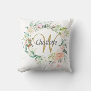 Coussin Roses Florales Monogramme Écriture Dorée