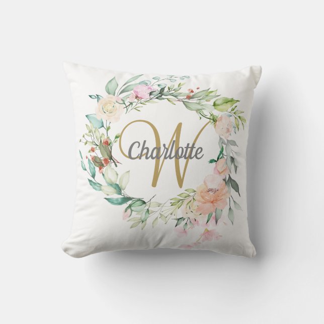 Coussin Roses Florales Monogramme Écriture Dorée (Recto)