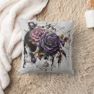 Coussin Roses gothiques simples et crâne fête d'Halloween