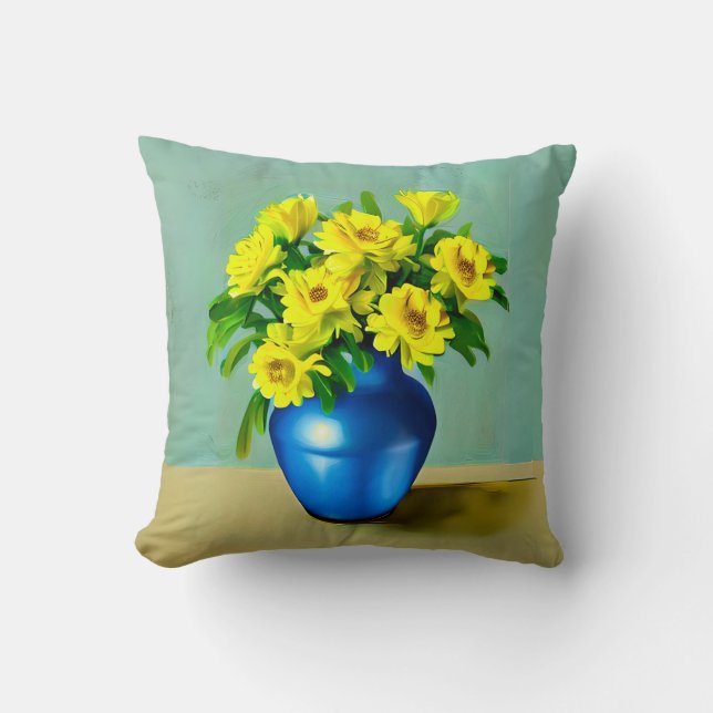 Coussin Roses jaunes dans un Vase bleu Boho Art (Recto)