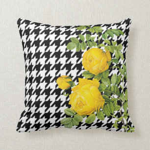 Coussin Roses jaunes de pied-de-poule noir et blanc