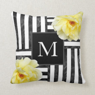 Coussin Roses jaunes Grandes noires et blanches