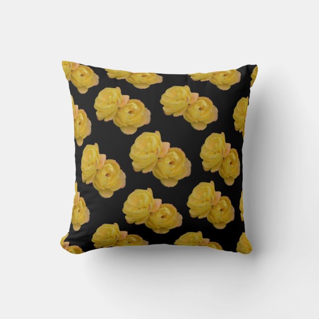 Coussin Roses Jaunes Sur Poussin Noir. (Recto)