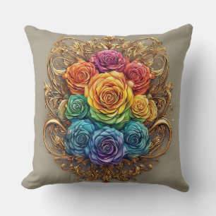 Coussin Roses multicolores avec des fioritures dorées orné