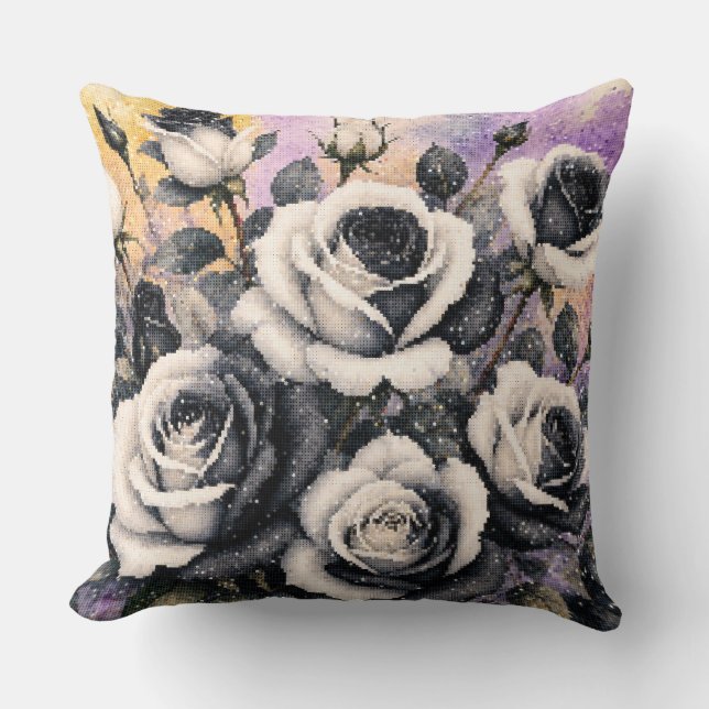 Coussin Roses noires et blanches de style géométrique aqua (Recto)