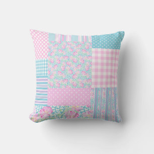 Coussin Roses roses blanches Papillons bleu Faux Patchwork
