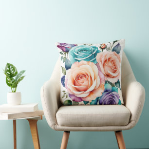 Coussin Roses roses, bleus et violets