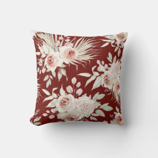 Coussin Roses roses Boho rose sur le rouge Bourgogne