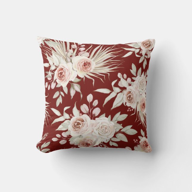 Coussin Roses roses Boho rose sur le rouge Bourgogne (Recto)